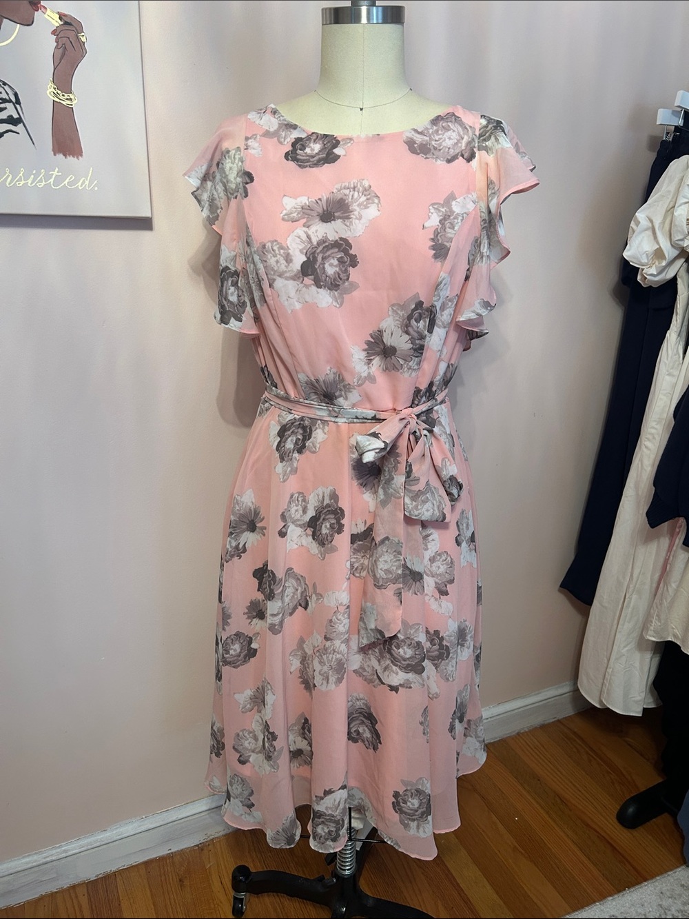 Floral Flutter Sleeve Belted Dress - Pink